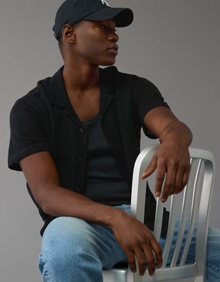 AE Weekend Diamond Crochet Button-Up Sweater Polo Shirt