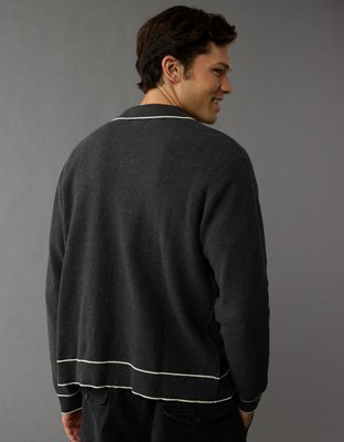 AE Long-Sleeve Tipped Waffle Sweater Polo Shirt