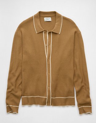 AE Long-Sleeve Tipped Waffle Sweater Polo Shirt
