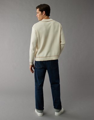 AE Long-Sleeve Tipped Waffle Sweater Polo Shirt