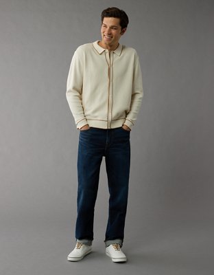 AE Long-Sleeve Tipped Waffle Sweater Polo Shirt