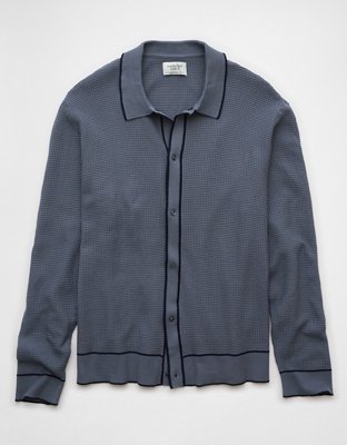 Chandail polo gaufré à manches longues et à bordures de couleur contrastante AE