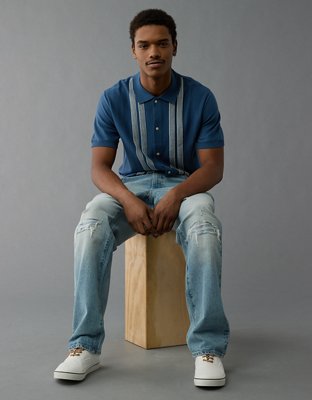 AE Weekend Button-Up Striped Sweater Polo Shirt
