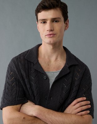 AE Weekend Pointelle Button-Up Sweater Polo Shirt