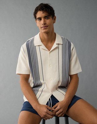 AE Weekend Striped Button-Up Sweater Polo Shirt