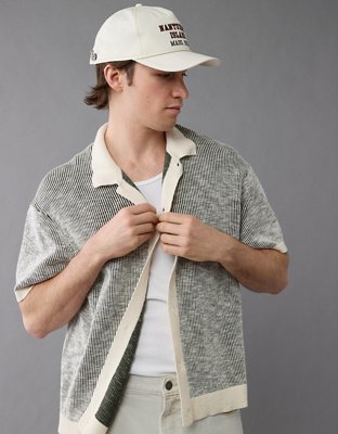 AE Weekend Striped Button-Up Sweater Polo Shirt