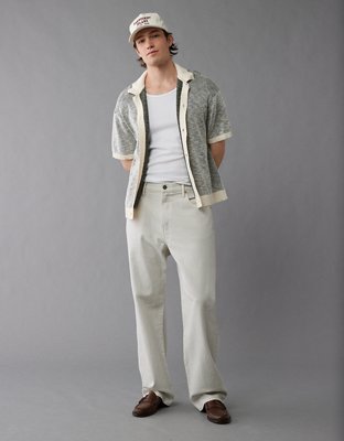AE Weekend Striped Button-Up Sweater Polo Shirt