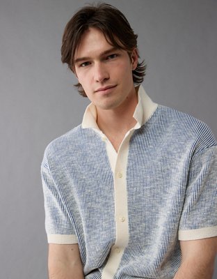 AE Weekend Striped Button-Up Sweater Polo Shirt