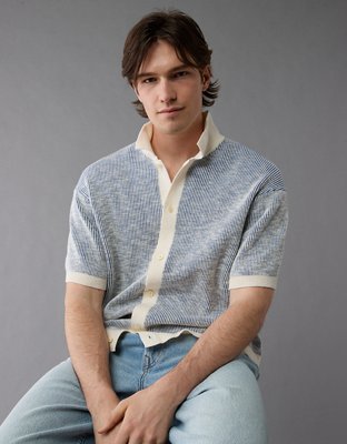 AE Weekend Striped Button-Up Sweater Polo Shirt
