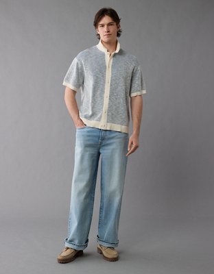 AE Weekend Striped Button-Up Sweater Polo Shirt