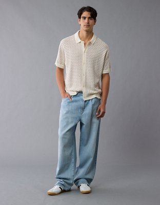 AE Weekend Striped Button-Up Sweater Polo Shirt