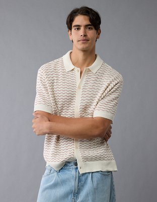 AE Weekend Striped Button-Up Sweater Polo Shirt