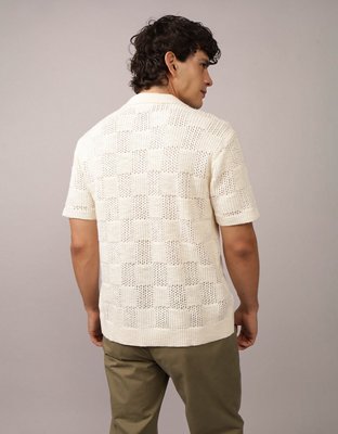 AE Weekend Checkerboard Button-Up Sweater Polo Shirt