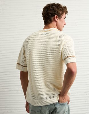 AE Weekend Crochet Button-Up Sweater Polo Shirt