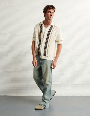 AE Weekend Crochet Button-Up Sweater Polo Shirt