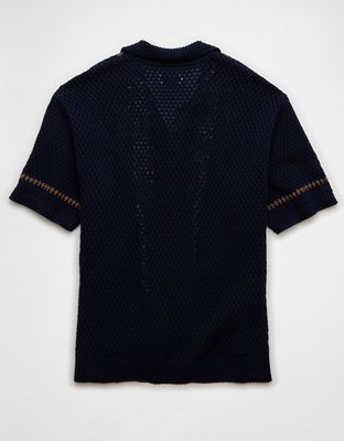 AE Weekend Crochet Button-Up Sweater Polo Shirt