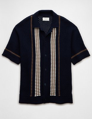 AE Weekend Crochet Button-Up Sweater Polo Shirt