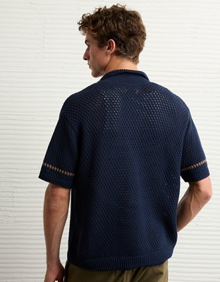 AE Weekend Crochet Button-Up Sweater Polo Shirt