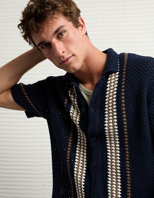 AE Weekend Crochet Button-Up Sweater Polo Shirt