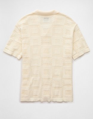 AE Weekend Textured Checkerboard Button-Up Sweater Polo Shirt