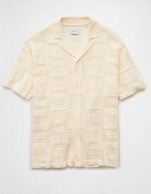 AE Weekend Textured Checkerboard Button-Up Sweater Polo Shirt