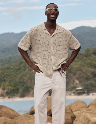 AE Weekend Textured Checkerboard Button-Up Sweater Polo Shirt