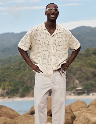 AE Weekend Textured Checkerboard Button-Up Sweater Polo Shirt