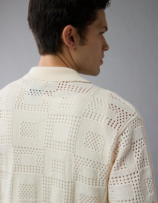AE Weekend Textured Checkerboard Button-Up Sweater Polo Shirt