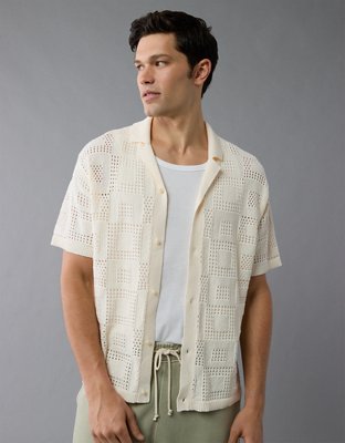 AE Weekend Textured Checkerboard Button-Up Sweater Polo Shirt