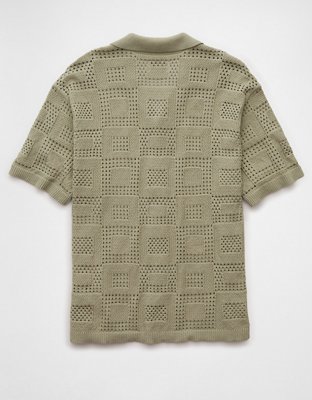 AE Weekend Textured Checkerboard Button-Up Sweater Polo Shirt