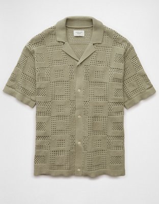 AE Weekend Textured Checkerboard Button-Up Sweater Polo Shirt