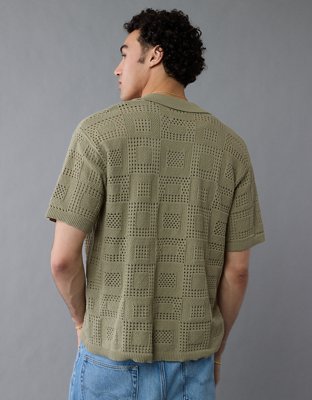 AE Weekend Textured Checkerboard Button-Up Sweater Polo Shirt