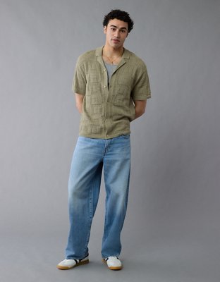 AE Weekend Textured Checkerboard Button-Up Sweater Polo Shirt