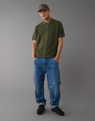 AE Weekend Waffle Button-Up Sweater Polo Shirt