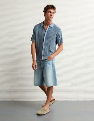 AE Weekend Washed Button-Up Sweater Polo Shirt