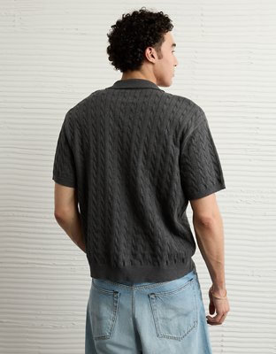 AE Weekend Cable Knit Button-Up Sweater Polo Shirt