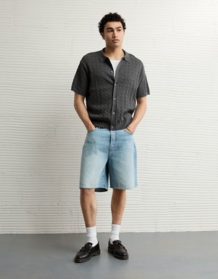 AE Weekend Cable Knit Button-Up Sweater Polo Shirt