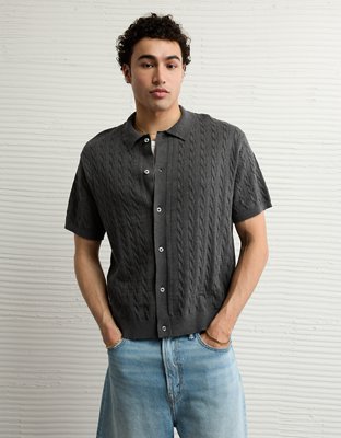 AE Weekend Cable Knit Button-Up Sweater Polo Shirt