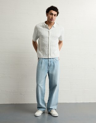 AE Weekend Cable Knit Button-Up Sweater Polo Shirt