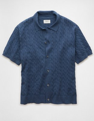 AE Weekend Cable Knit Button-Up Sweater Polo Shirt