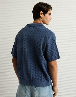 AE Weekend Cable Knit Button-Up Sweater Polo Shirt