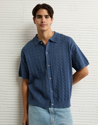 AE Weekend Cable Knit Button-Up Sweater Polo Shirt