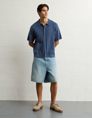 AE Weekend Cable Knit Button-Up Sweater Polo Shirt