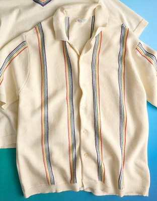 AE Pride Weekend Striped Button-Up Sweater Polo Shirt