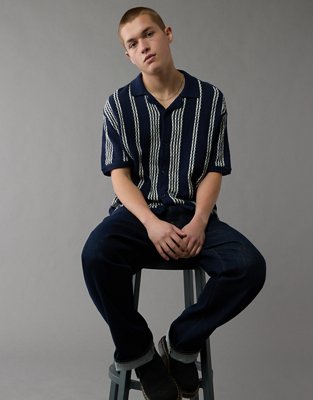 AE Weekend Striped Button-Up Sweater Polo Shirt