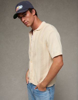 Мужские рубашки American Eagle AE Garment-Washed Button-Up Sweater Polo, цвет: Кремовый — фото 6