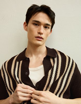 Мужские рубашки American Eagle AE Striped Button-Up Sweater Polo, цвет: Коричневый — фото 6