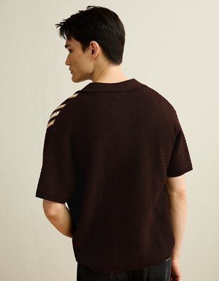 Мужские рубашки American Eagle AE Striped Button-Up Sweater Polo, цвет: Коричневый — фото 2