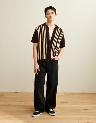Мужские рубашки American Eagle AE Striped Button-Up Sweater Polo, цвет: Коричневый — фото 5
