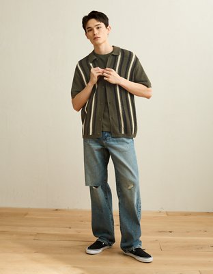 AE Striped Button-Up Sweater Polo